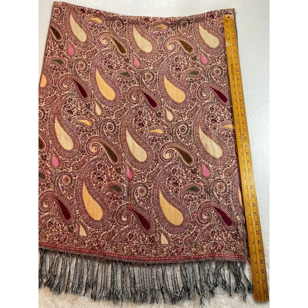 Boho Paisley Pashmina Shawl Scarf Burgundy Pink Gold Fringe Wrap 28x76